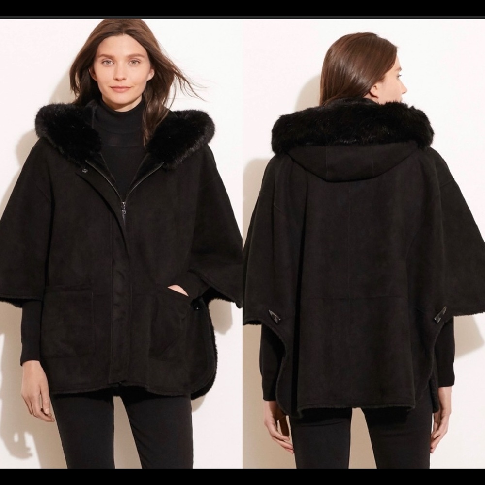 Lauren Ralph Black Faux Fur Shearling Hooded Cape
